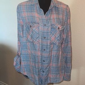 Plaid Button-Up Blouse - Blue and Pink